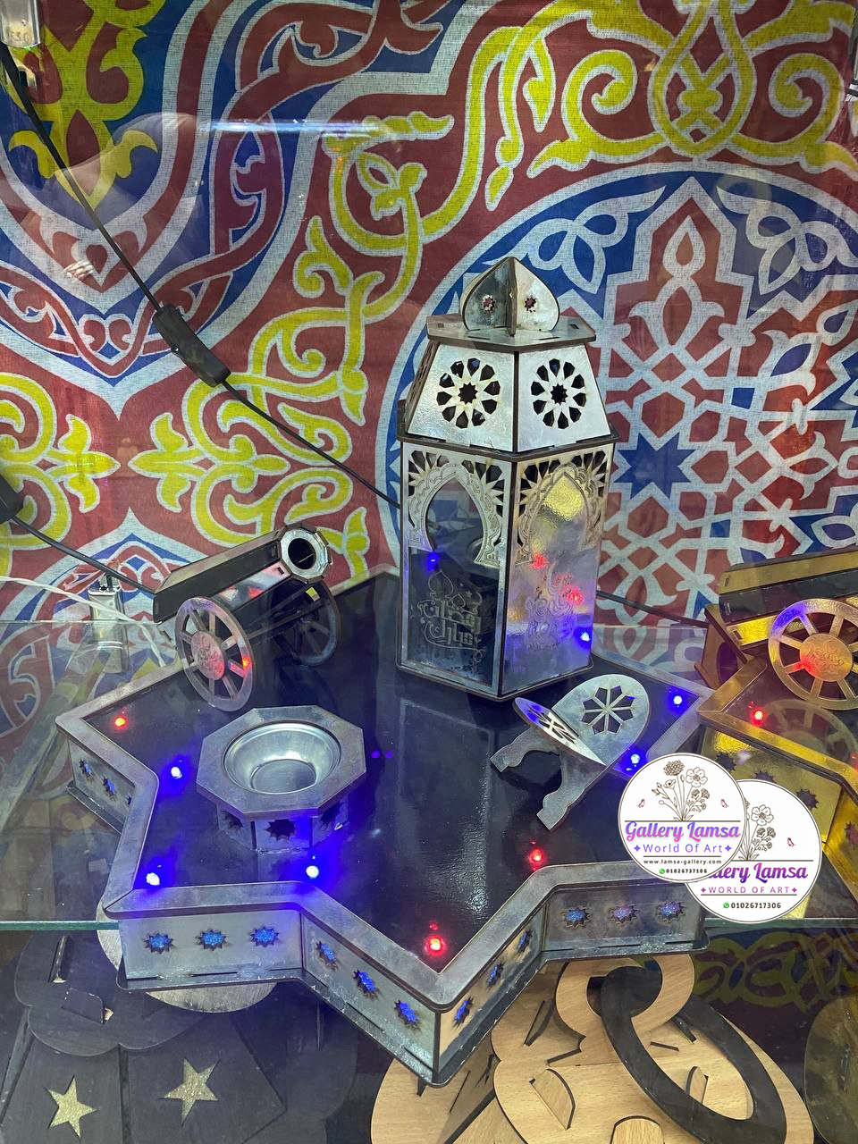طقم صينية مبخرة وشمعة خشبي مضيء